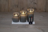 Anna’s collection 3st. LED rustiek wax stompkaars grijs 7,5x10/12,5/15cm met oplaadstation