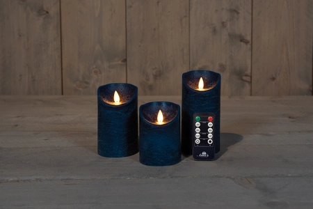 Anna’s collection 3st. LED rustiek wax stompkaars antiek blauw 7,5x10/12,5/15cm - afbeelding 2