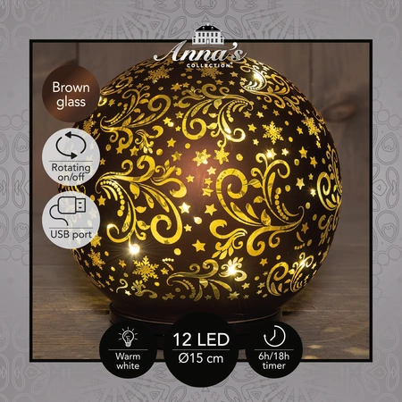 Anna's Collection Decoratiebal glas draaiend bruin met verlichting - Ø 15 cm - afbeelding 3