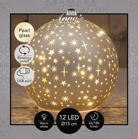 Anna's Collection Decoratiebal glas draaiend met sterren mat champagne met verlichting - Ø 15 cm - afbeelding 3