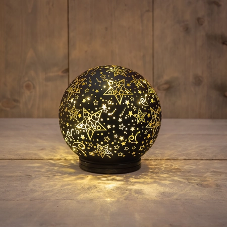 Anna's Collection Decoratiebal glas draaiend met sterren zwart met verlichting - Ø 15 cm - afbeelding 2