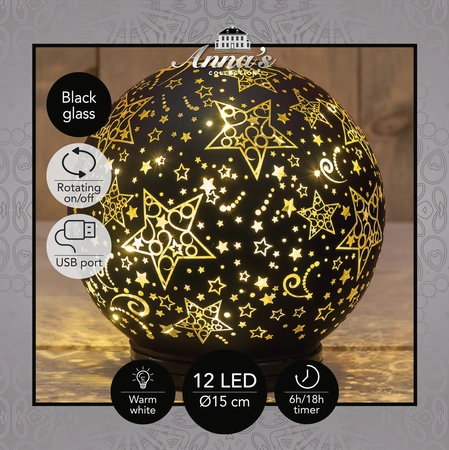 Anna's Collection Decoratiebal glas draaiend met sterren zwart met verlichting - Ø 15 cm - afbeelding 3