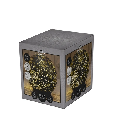 Anna's Collection Decoratiebal glas draaiend met sterren zwart met verlichting - Ø 15 cm - afbeelding 1