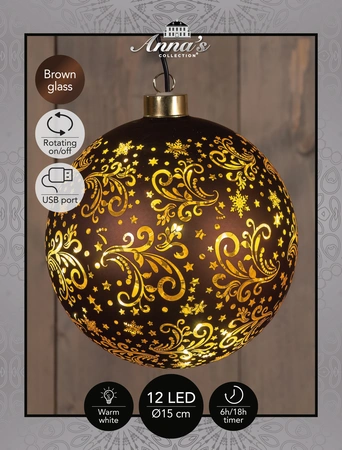 Anna's Collection Kerstbal glas draaiend bruin met verlichting - Ø 15 cm - afbeelding 3