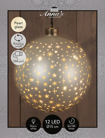 Anna's Collection Kerstbal glas draaiend met sterren mat champagne met verlichting - Ø 15 cm - afbeelding 3