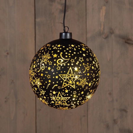 Anna's Collection Kerstbal glas draaiend met sterren zwart met verlichting - Ø 15 cm - afbeelding 2