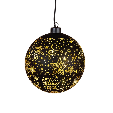 Anna's Collection Kerstbal glas draaiend met sterren zwart met verlichting - Ø 15 cm - afbeelding 4