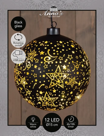 Anna's Collection Kerstbal glas draaiend met sterren zwart met verlichting - Ø 15 cm - afbeelding 3