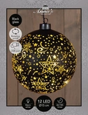Anna's Collection Kerstbal glas draaiend met sterren zwart met verlichting - Ø 15 cm - afbeelding 3