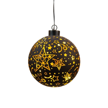 Anna's Collection Kerstbal glas met sterren zwart/goud met verlichting - Ø 12 cm