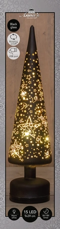 Anna's Collection Kerstboom glas zwart met sterren - draaifunctie en verlichting - Ø 9 x H 39 cm - afbeelding 3