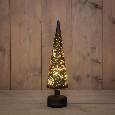 Anna's Collection Kerstboom glas zwart met sterren - draaifunctie en verlichting - Ø 9 x H 39 cm - afbeelding 2