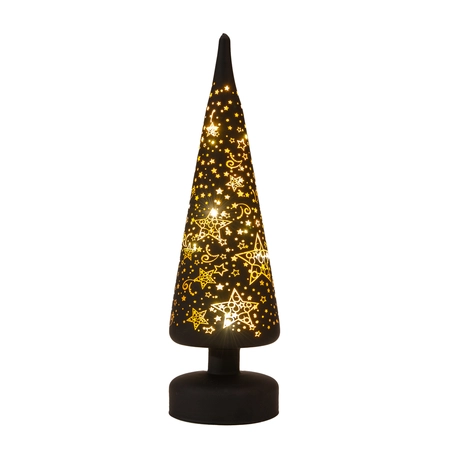 Anna's Collection Kerstboompje glas met sterren zwart met verlichting - Ø 9 x H 30 cm