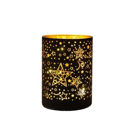 Anna's Collection LED-cilinder glas sterrenmotief - H12xD9cm Zwart - afbeelding 1