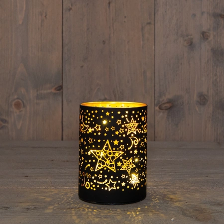 Anna's Collection LED-cilinder glas sterrenmotief - H12xD9cm Zwart - afbeelding 3