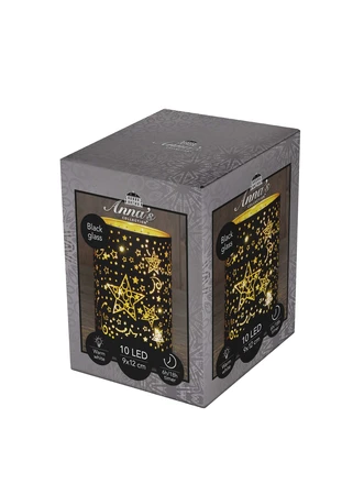Anna's Collection LED-cilinder glas sterrenmotief - H12xD9cm Zwart - afbeelding 2