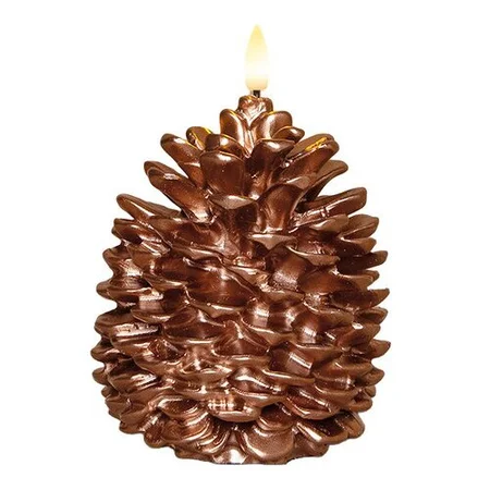 Anna's Collection LED-kaars dennenappel met 3D-vlam brons - H 10 x Ø 8,5 cm - afbeelding 1