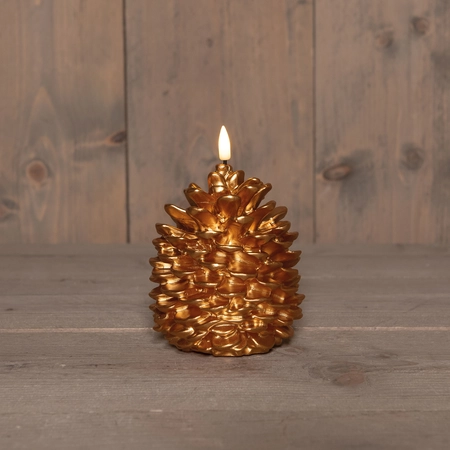 Anna's Collection LED-kaars dennenappel met 3D-vlam goud - H 12,5 x Ø 10,5 cm