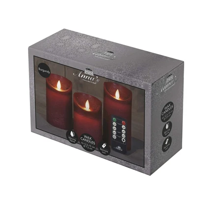 Anna's Collection LED-stompkaarsen bewegende vlam - H10/12,5/15cm Bordeaux 3-delig - afbeelding 2