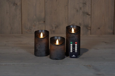 Anna's Collection LED-stompkaarsen bewegende vlam - H10/12,5/15cm Antraciet 3-delig - afbeelding 3