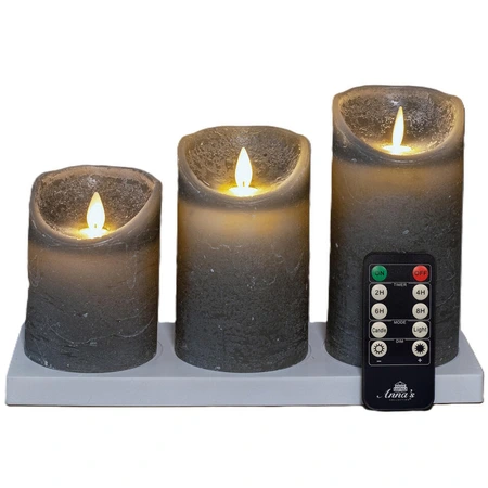 Anna's Collection LED-stompkaarsen rusiek met oplaadstation - H10/12,5/15cm Grijs 3-delig