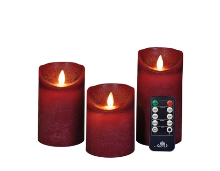 Anna's Collection LED-stompkaarsen rustiek met bewegende vlam bordeaux - set van 3 - H 10/12,5/15 x 
