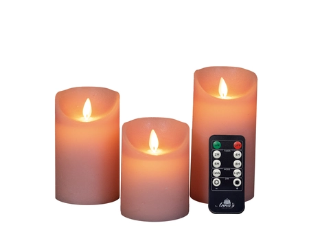Anna's Collection LED-stompkaarsen rustiek met bewegende vlam roze - set van 3 - H 10/12,5/15 x Ø 7,