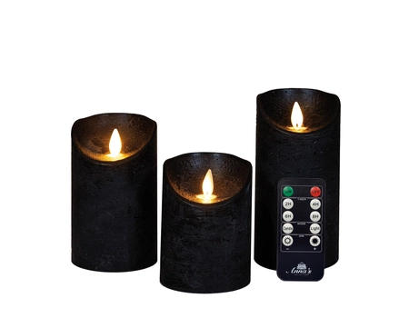 Anna's Collection LED-stompkaarsen rustiek met bewegende vlam zwart - set van 3 - H 10/12,5/15 x Ø 7