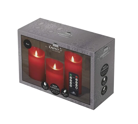 Anna's Collection LED-stompkaarsen rustiek met bewegende vlam rood - set van 3 - H 10/12,5/15 x D 7,5 cm - afbeelding 2