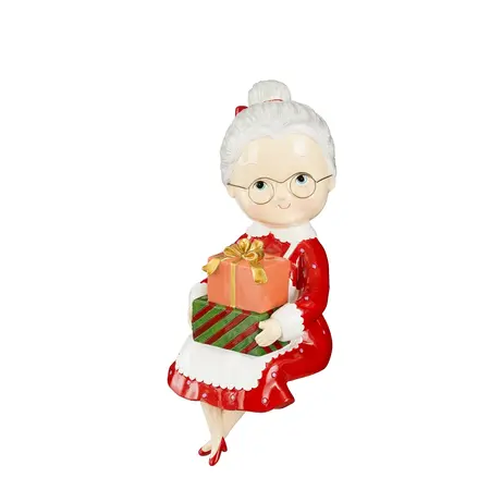 Decoratie Mrs Santa zittend rood - l13xb14,5xh33cm