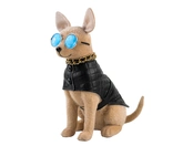 Decoris Hondfiguur 28 cm Lichtbruin Kunstbont met Zonnebril en PU Leer Jas