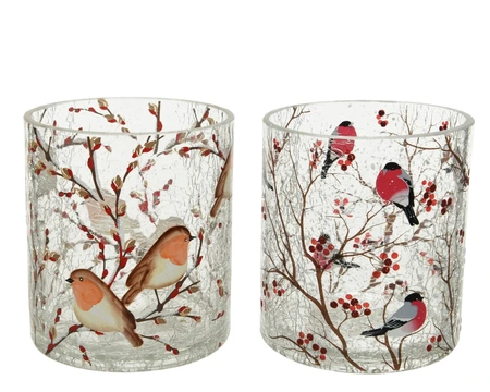 Decoris theelichthouder cilindervormig craqueléglas 10 cm met vogeldecoratie  