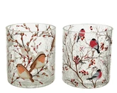 Decoris theelichthouder cilindervormig craqueléglas 10 cm met vogeldecoratie  