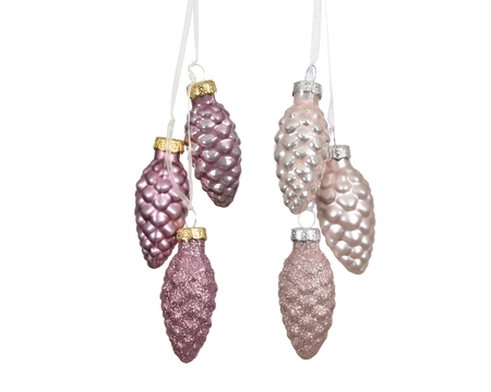 Dennenappel glas d2.5h6cm roze 3st - afbeelding 1