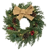 Evergreen Deco krans rode besjes - verlicht 42 lampjes - D 60 cm