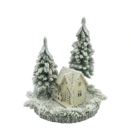 Evergreen Miniboompjes en huisje op ronde voet sneeuwfinish - D 20 x H 25 cm