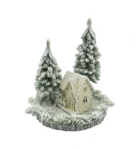 Evergreen Miniboompjes en huisje op ronde voet sneeuwfinish - D 20 x H 25 cm