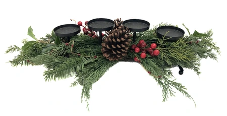 Evergreen Tafelstuk deco rode besjes voor 4 kaarsen - B 66 cm