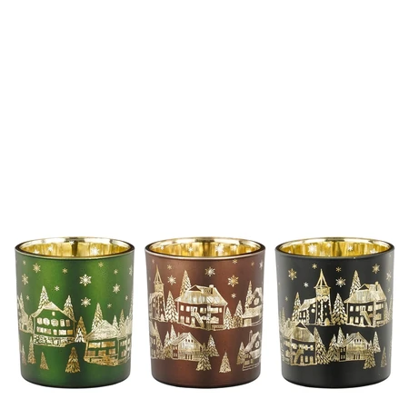 Theelicht houder huis l.groen zwart bruin 3 assorti - h8xd7cm