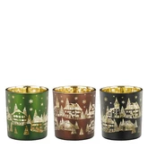 Theelicht houder huis l.groen zwart bruin 3 assorti - h8xd7cm