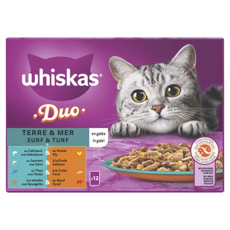 Whiskas Kattenvoer 1+ Duo surf en turf in gelei - 85 gram 12 stuks - afbeelding 1